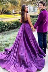 Purple A Line Prom Dress Sleeveless Spaghetti Straps Satin Evening Dress