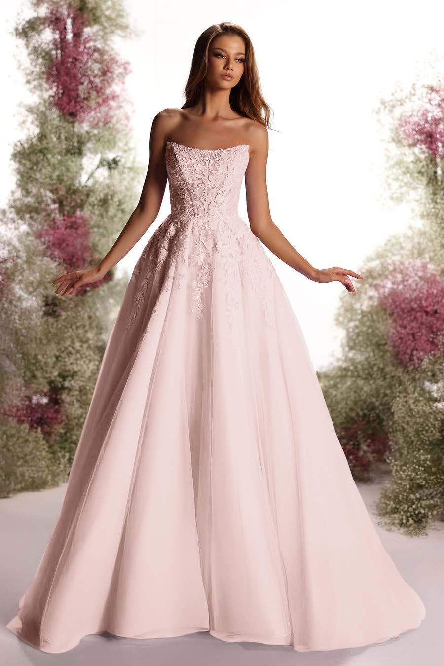 Purple A Line Prom Dress Sleeveless Strapless Evening Dress With Lace Appliques
