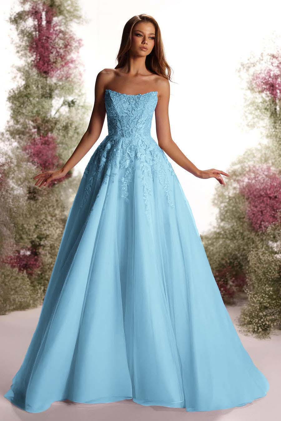 Purple A Line Prom Dress Sleeveless Strapless Evening Dress With Lace Appliques