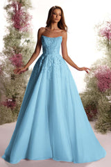 Purple A Line Prom Dress Sleeveless Strapless Evening Dress With Lace Appliques
