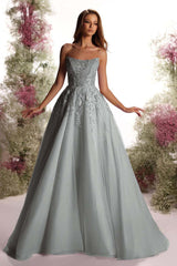 Purple A Line Prom Dress Sleeveless Strapless Evening Dress With Lace Appliques