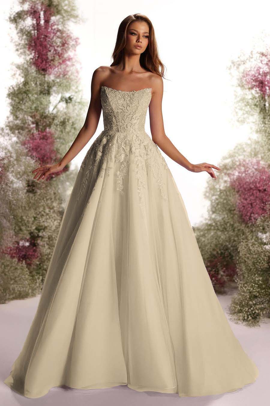 Purple A Line Prom Dress Sleeveless Strapless Evening Dress With Lace Appliques