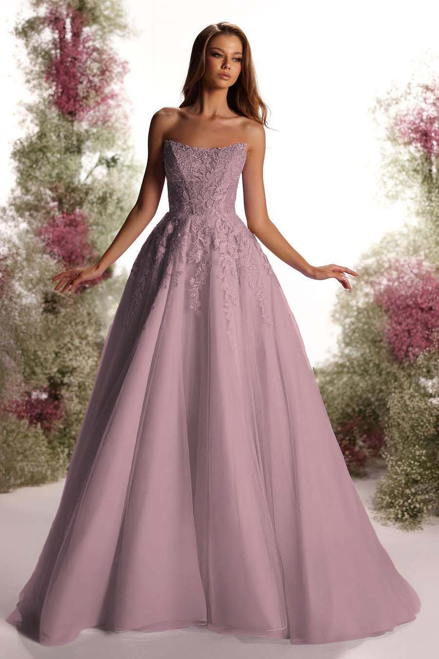 Purple A Line Prom Dress Sleeveless Strapless Evening Dress With Lace Appliques