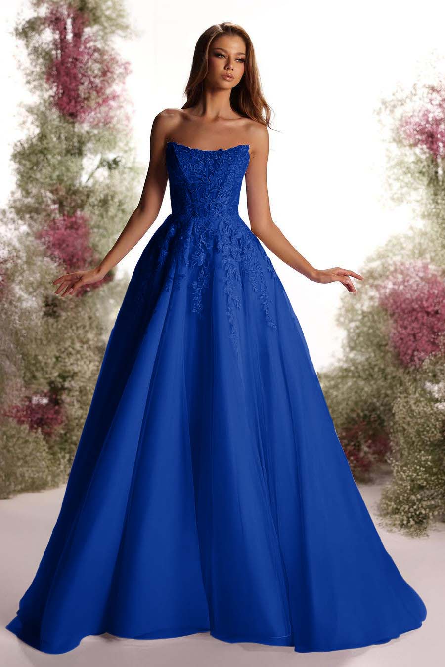 Purple A Line Prom Dress Sleeveless Strapless Evening Dress With Lace Appliques