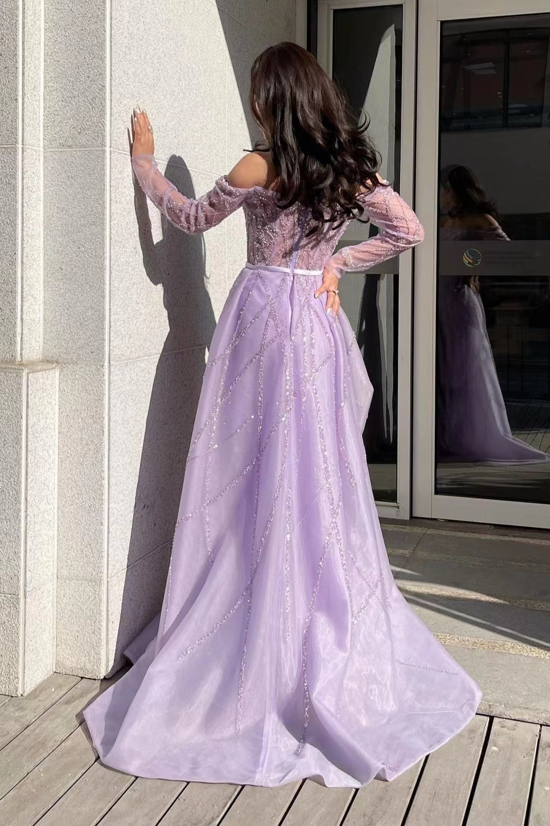 Purple Detachable Train Prom Dress Long Sleeve Off the Shoulder Beaded Evening Dress