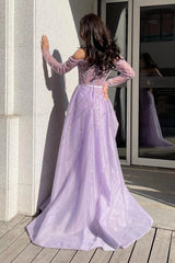 Purple Detachable Train Prom Dress Long Sleeve Off the Shoulder Beaded Evening Dress