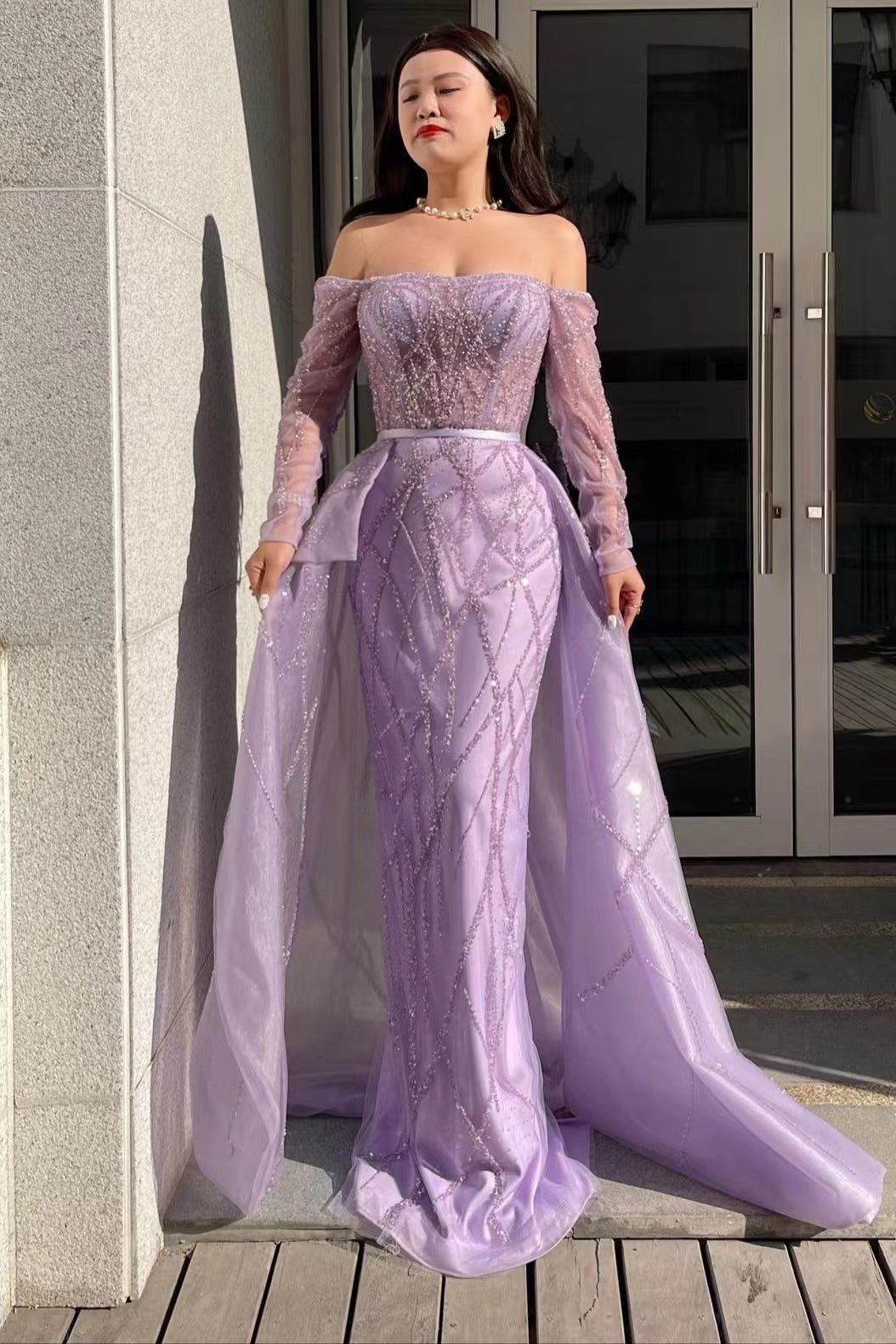 Purple Detachable Train Prom Dress Long Sleeve Off the Shoulder Beaded Evening Dress