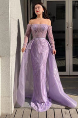 Purple Detachable Train Prom Dress Long Sleeve Off the Shoulder Beaded Evening Dress