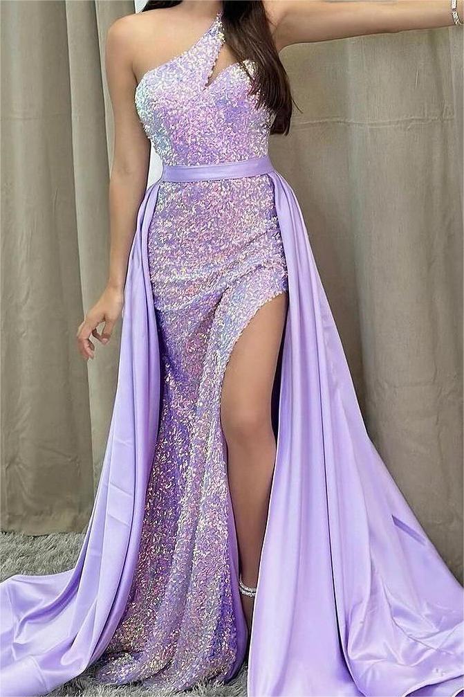 Purple Detachable Train Prom Dress Sleeveless One Shoulder Sequined Evening Dress