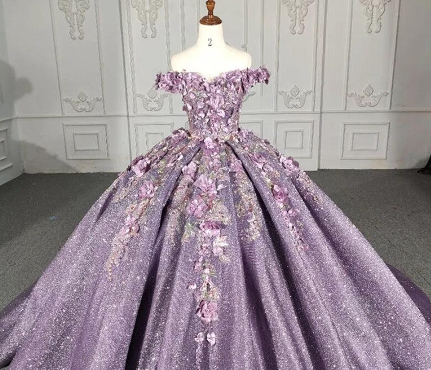 Purple Floral A Line Quinceanera Dress Sequined Party Ball Gown Sweet 16 Dress