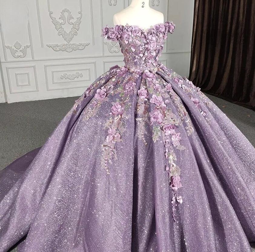 Purple Floral A Line Quinceanera Dress Sequined Party Ball Gown Sweet 16 Dress