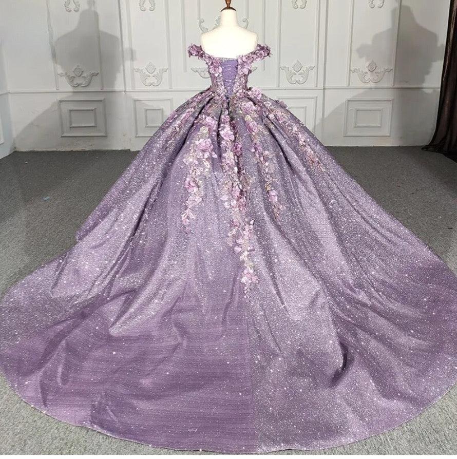 Purple Floral A Line Quinceanera Dress Sequined Party Ball Gown Sweet 16 Dress