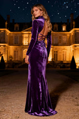 Purple Mermaid High Neck Backless Long Velvet Holiday Party Dress