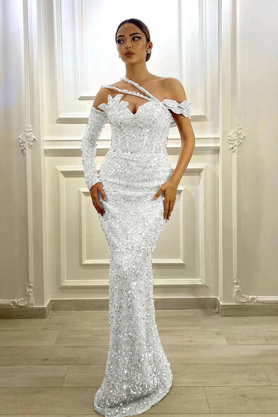 Purple Mermaid Prom Dress Long Sleeve Asymmetric Sequined Evening Dress