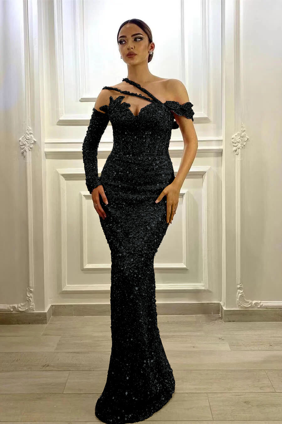 Purple Mermaid Prom Dress Long Sleeve Asymmetric Sequined Evening Dress