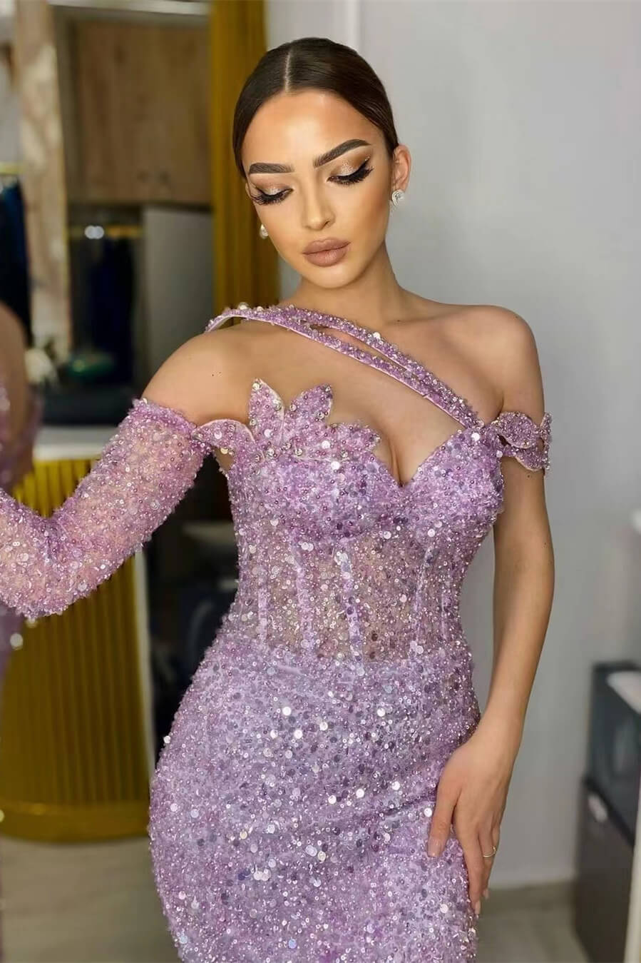 Purple Mermaid Prom Dress Long Sleeve Asymmetric Sequined Evening Dress