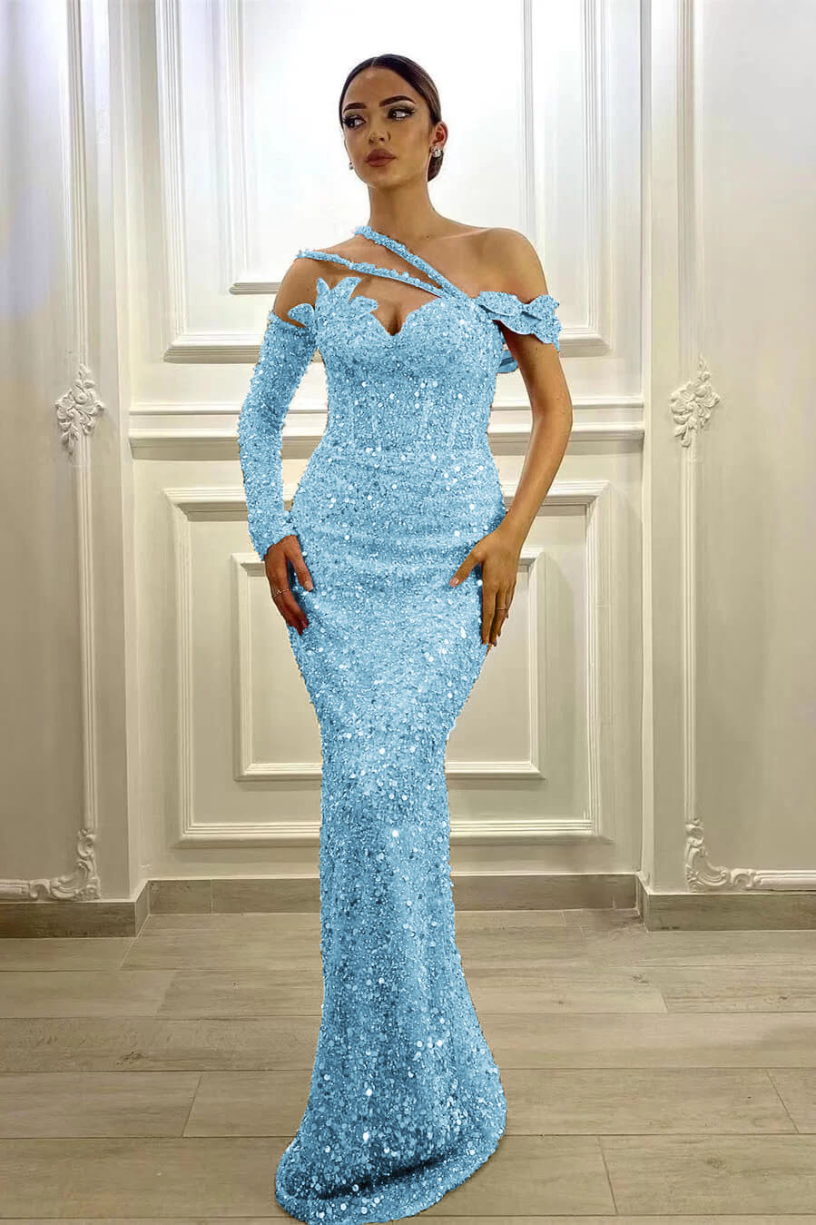 Purple Mermaid Prom Dress Long Sleeve Asymmetric Sequined Evening Dress