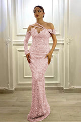 Purple Mermaid Prom Dress Long Sleeve Asymmetric Sequined Evening Dress