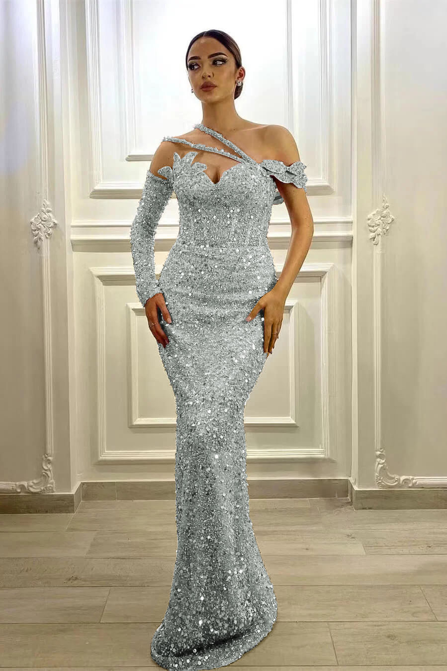 Purple Mermaid Prom Dress Long Sleeve Asymmetric Sequined Evening Dress