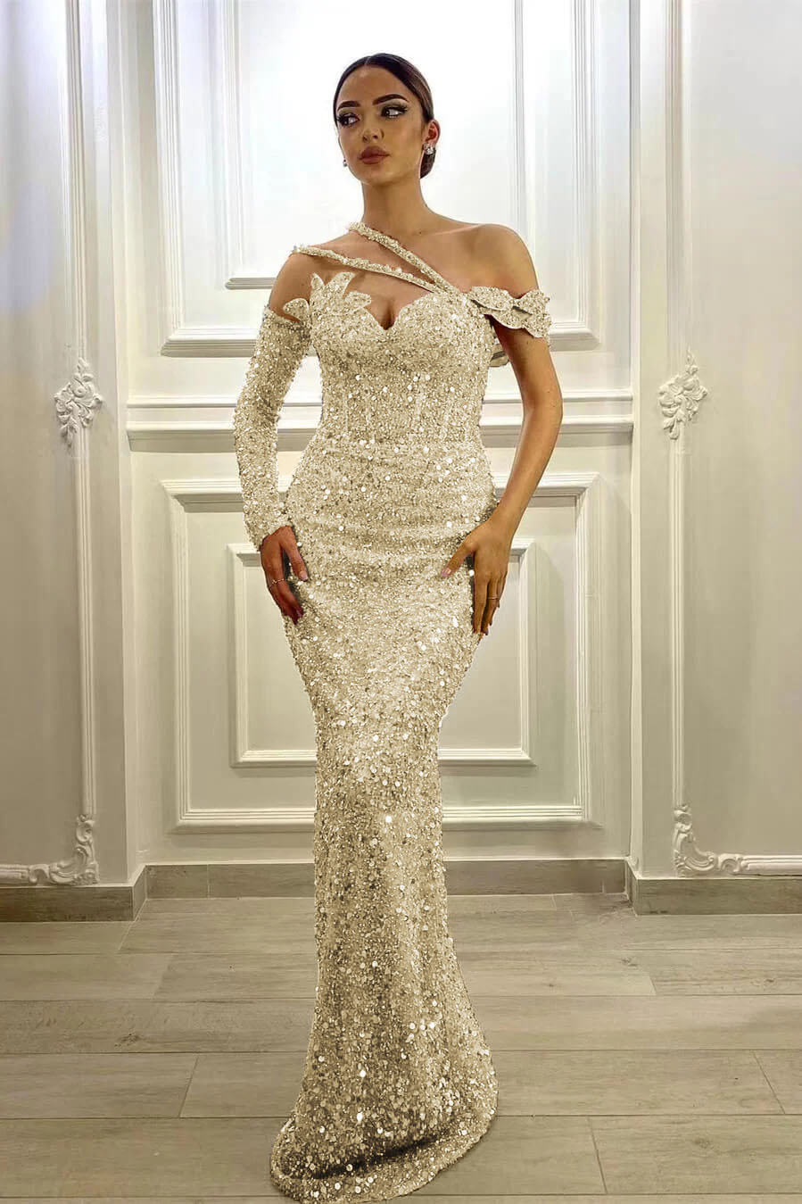 Purple Mermaid Prom Dress Long Sleeve Asymmetric Sequined Evening Dress