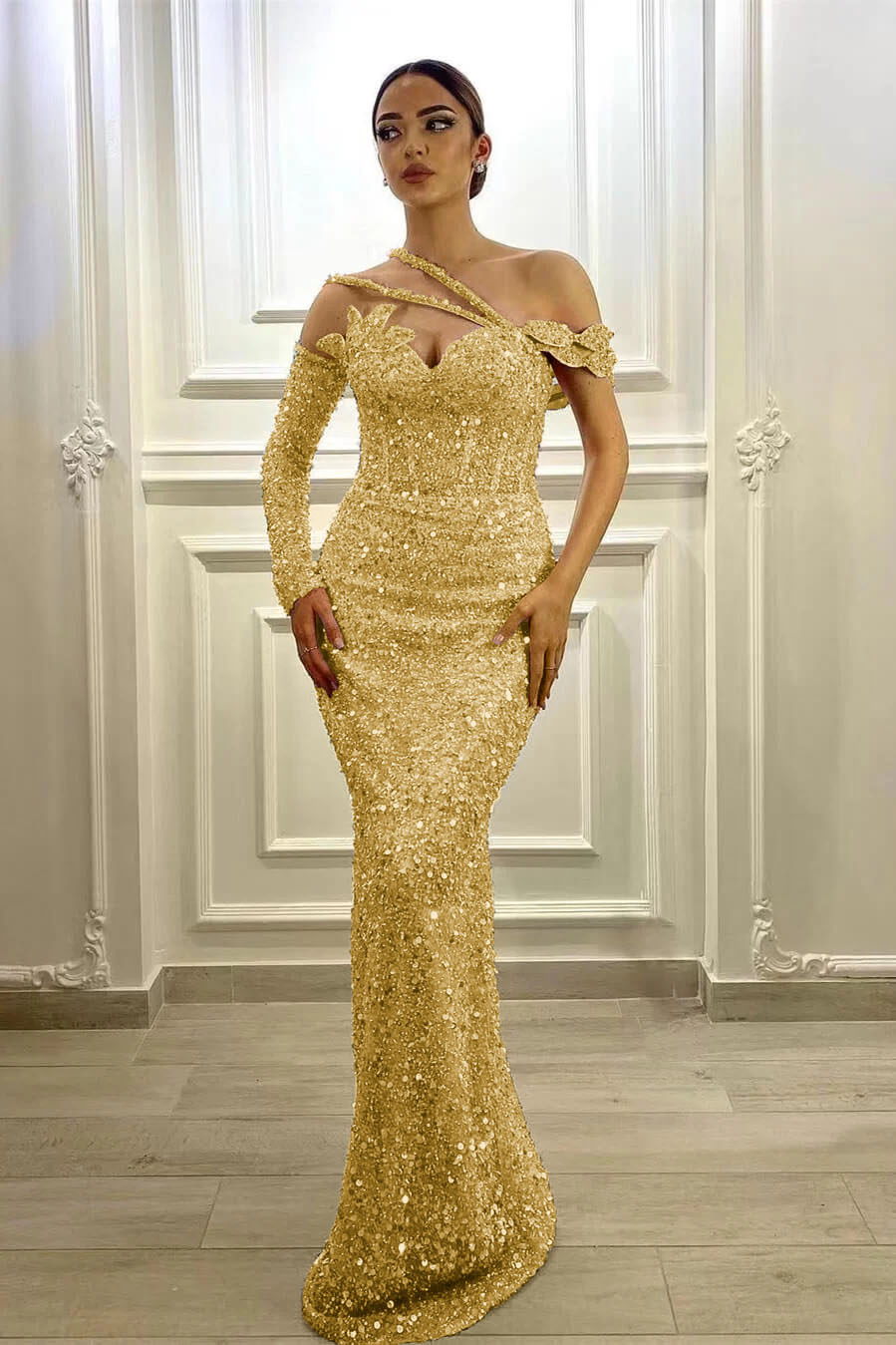 Purple Mermaid Prom Dress Long Sleeve Asymmetric Sequined Evening Dress