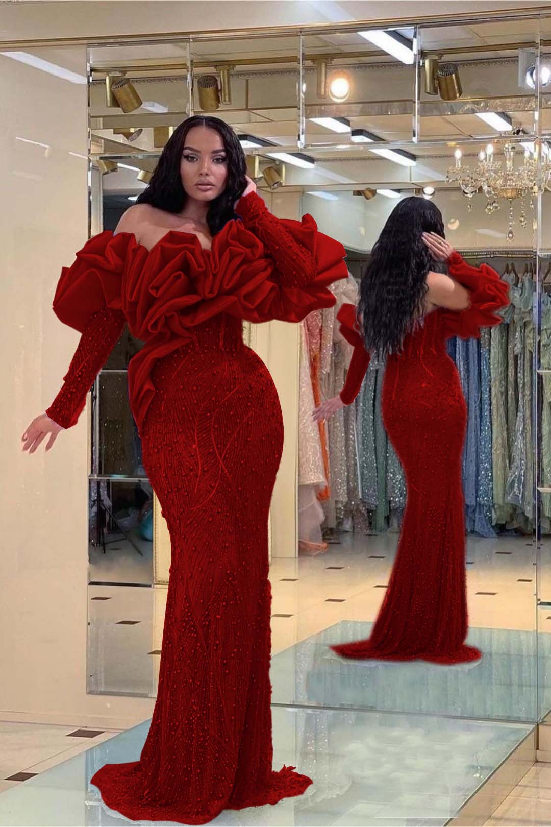 Purple Mermaid Prom Dress Long Sleeve Off the Shoulder Beaded Evening Dress