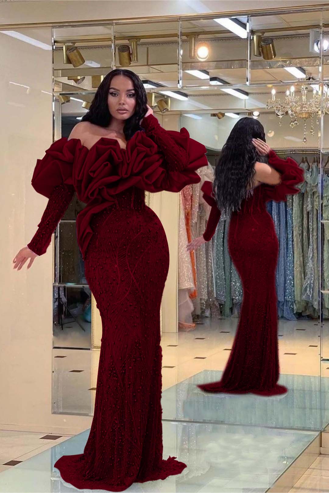 Purple Mermaid Prom Dress Long Sleeve Off the Shoulder Beaded Evening Dress