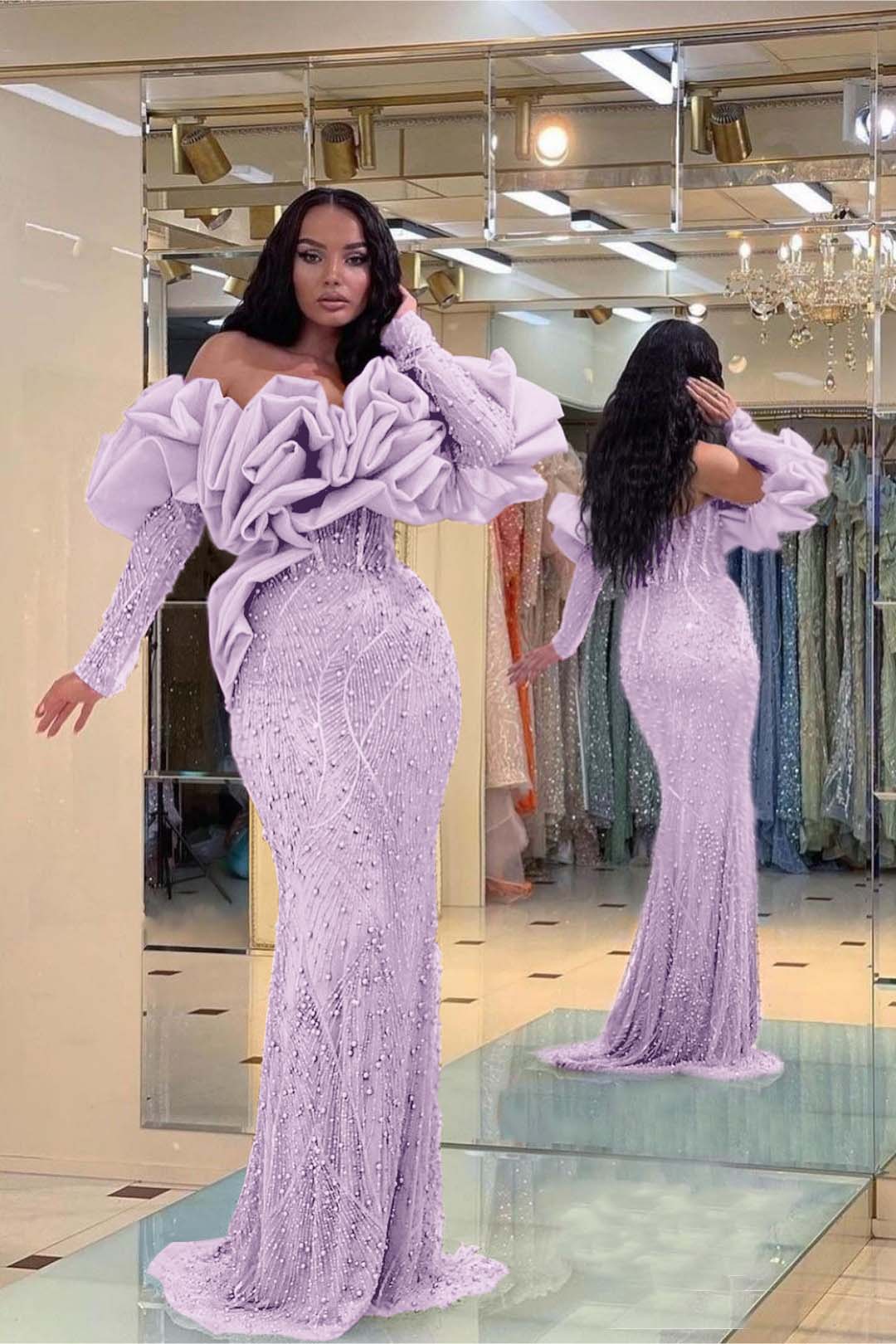 Purple Mermaid Prom Dress Long Sleeve Off the Shoulder Beaded Evening Dress