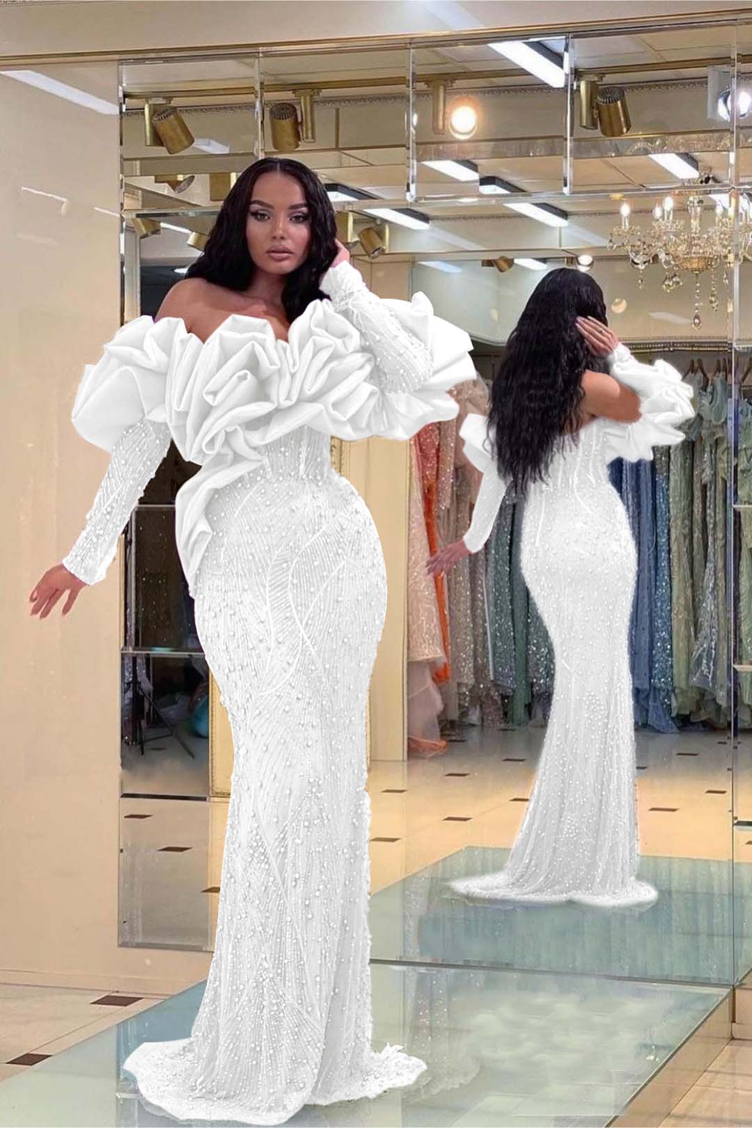 Purple Mermaid Prom Dress Long Sleeve Off the Shoulder Beaded Evening Dress