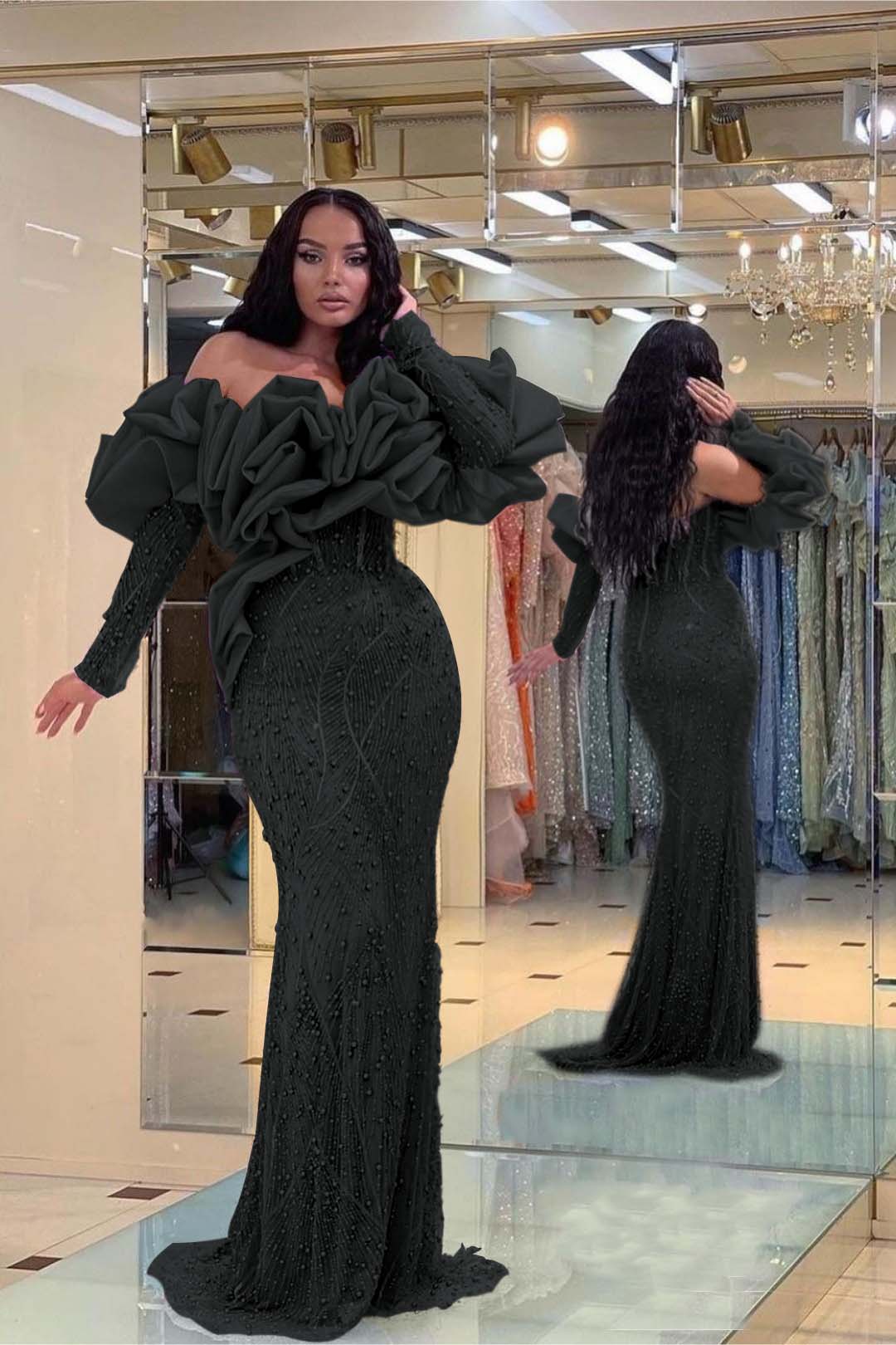 Purple Mermaid Prom Dress Long Sleeve Off the Shoulder Beaded Evening Dress