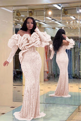 Purple Mermaid Prom Dress Long Sleeve Off the Shoulder Beaded Evening Dress