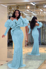 Purple Mermaid Prom Dress Long Sleeve Off the Shoulder Beaded Evening Dress