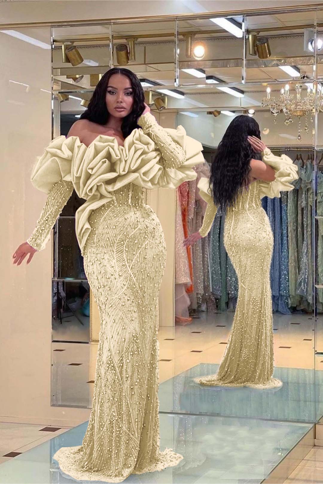 Purple Mermaid Prom Dress Long Sleeve Off the Shoulder Beaded Evening Dress
