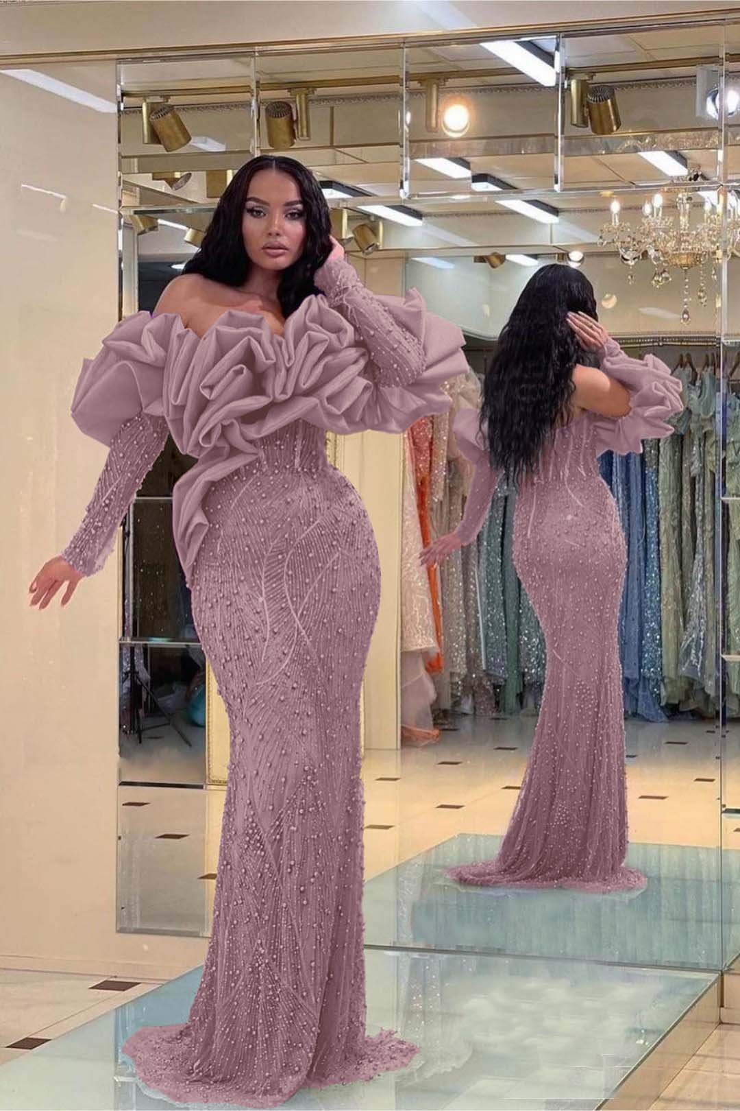 Purple Mermaid Prom Dress Long Sleeve Off the Shoulder Beaded Evening Dress