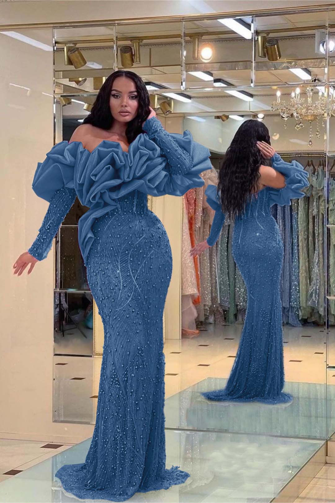 Purple Mermaid Prom Dress Long Sleeve Off the Shoulder Beaded Evening Dress