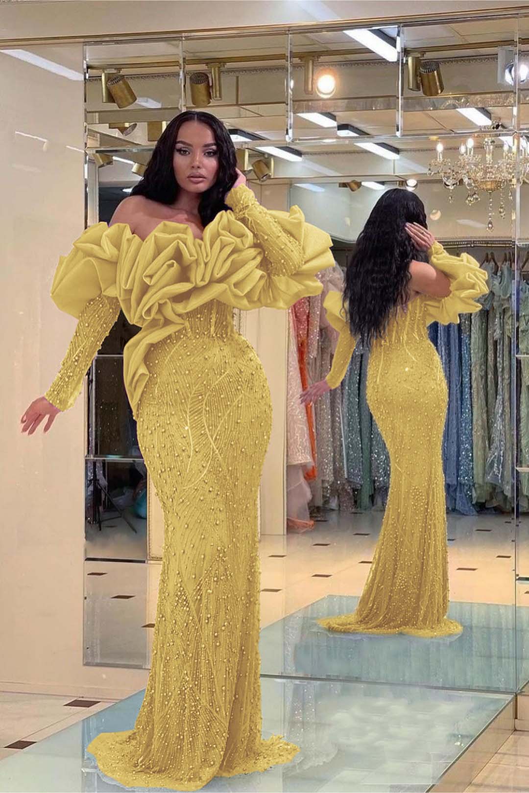 Purple Mermaid Prom Dress Long Sleeve Off the Shoulder Beaded Evening Dress