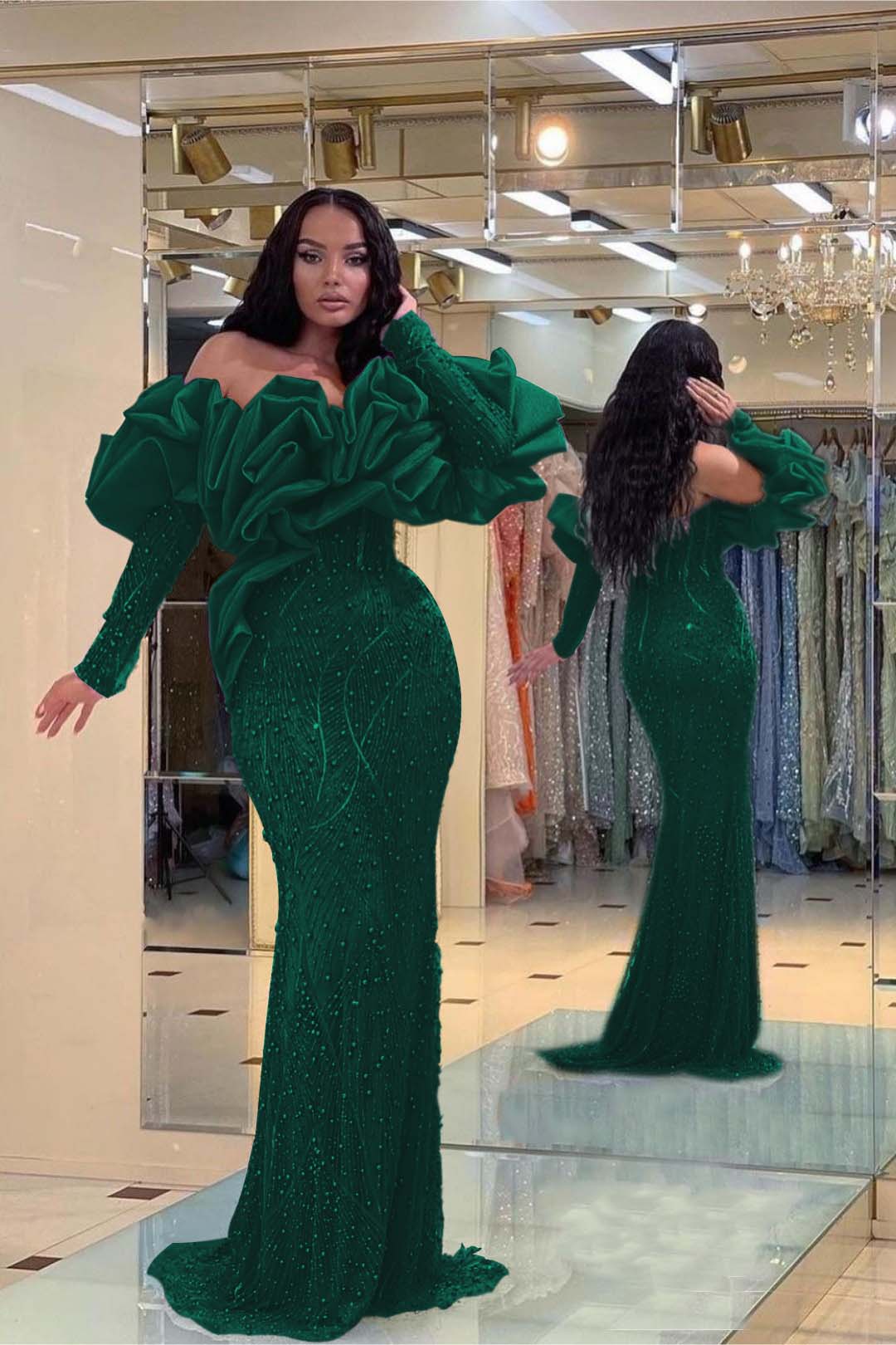 Purple Mermaid Prom Dress Long Sleeve Off the Shoulder Beaded Evening Dress