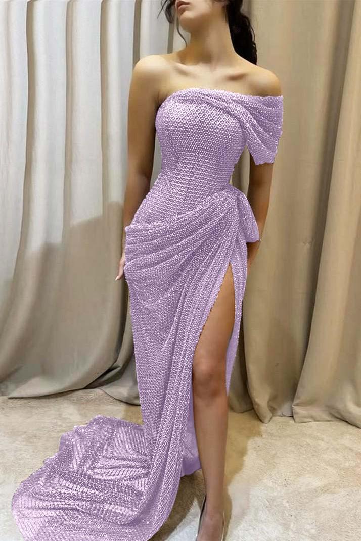 Purple Mermaid Prom Dress One Shoulder Beaded Evening Dress