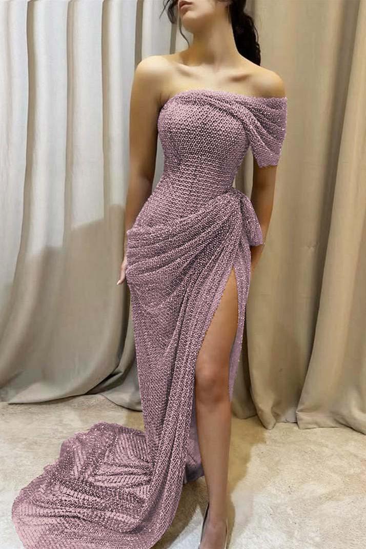 Purple Mermaid Prom Dress One Shoulder Beaded Evening Dress