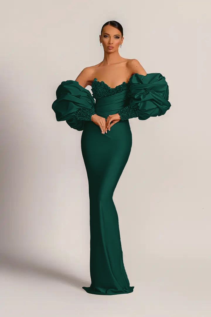 Purple Mermaid Prom Dress Puff Long Sleeve Sweetheart Beaded Evening Dress