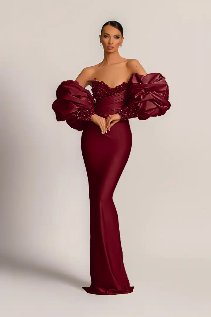 Purple Mermaid Prom Dress Puff Long Sleeve Sweetheart Beaded Evening Dress