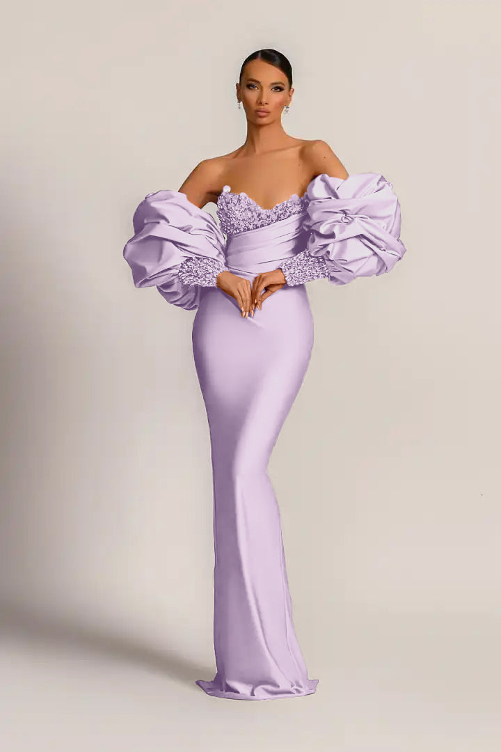 Purple Mermaid Prom Dress Puff Long Sleeve Sweetheart Beaded Evening Dress