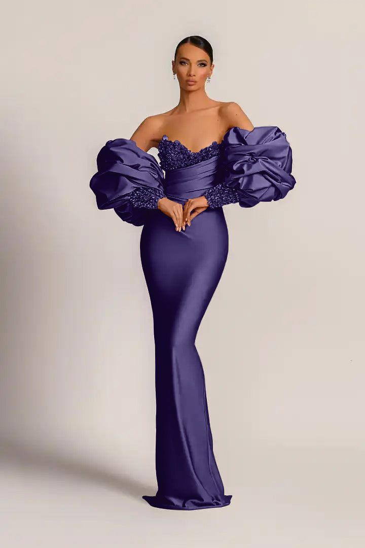 Purple Mermaid Prom Dress Puff Long Sleeve Sweetheart Beaded Evening Dress
