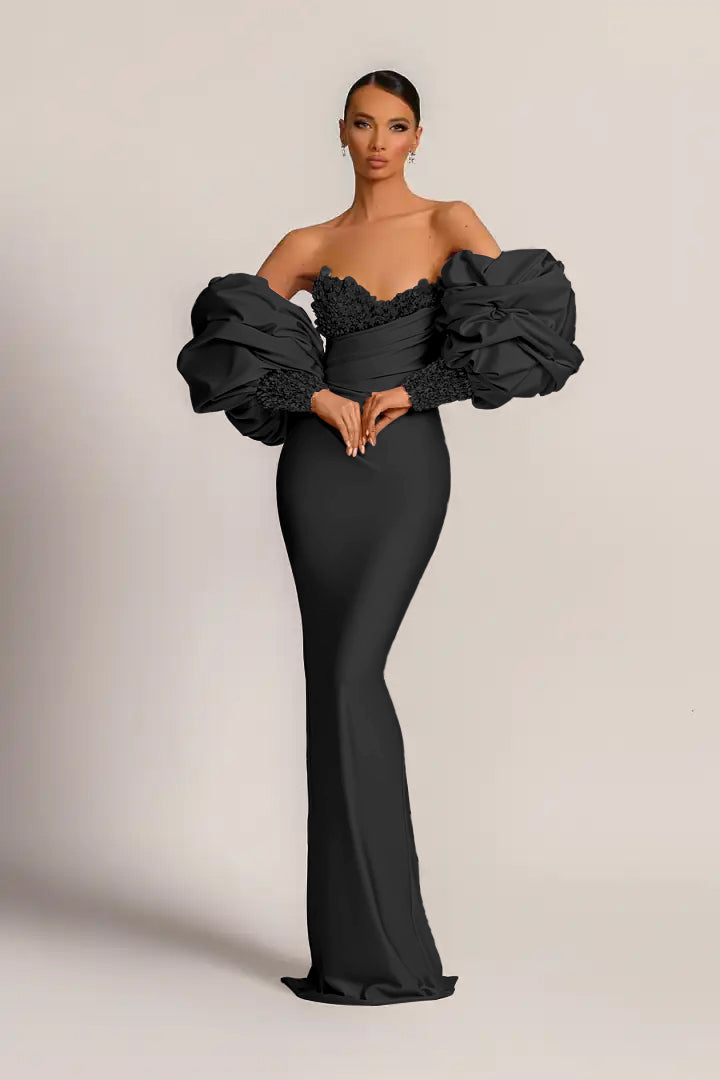 Purple Mermaid Prom Dress Puff Long Sleeve Sweetheart Beaded Evening Dress