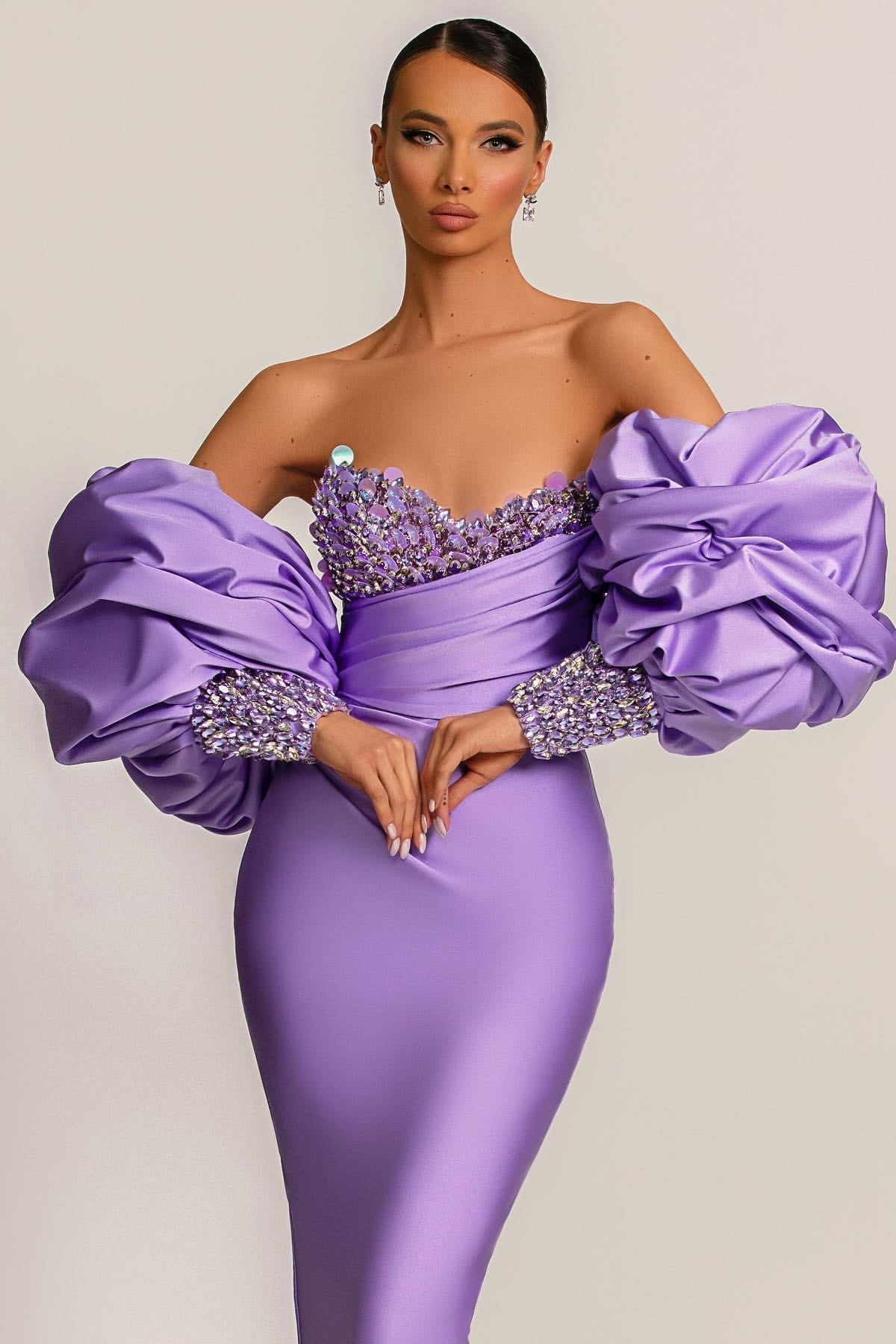 Purple Mermaid Prom Dress Puff Long Sleeve Sweetheart Beaded Evening Dress