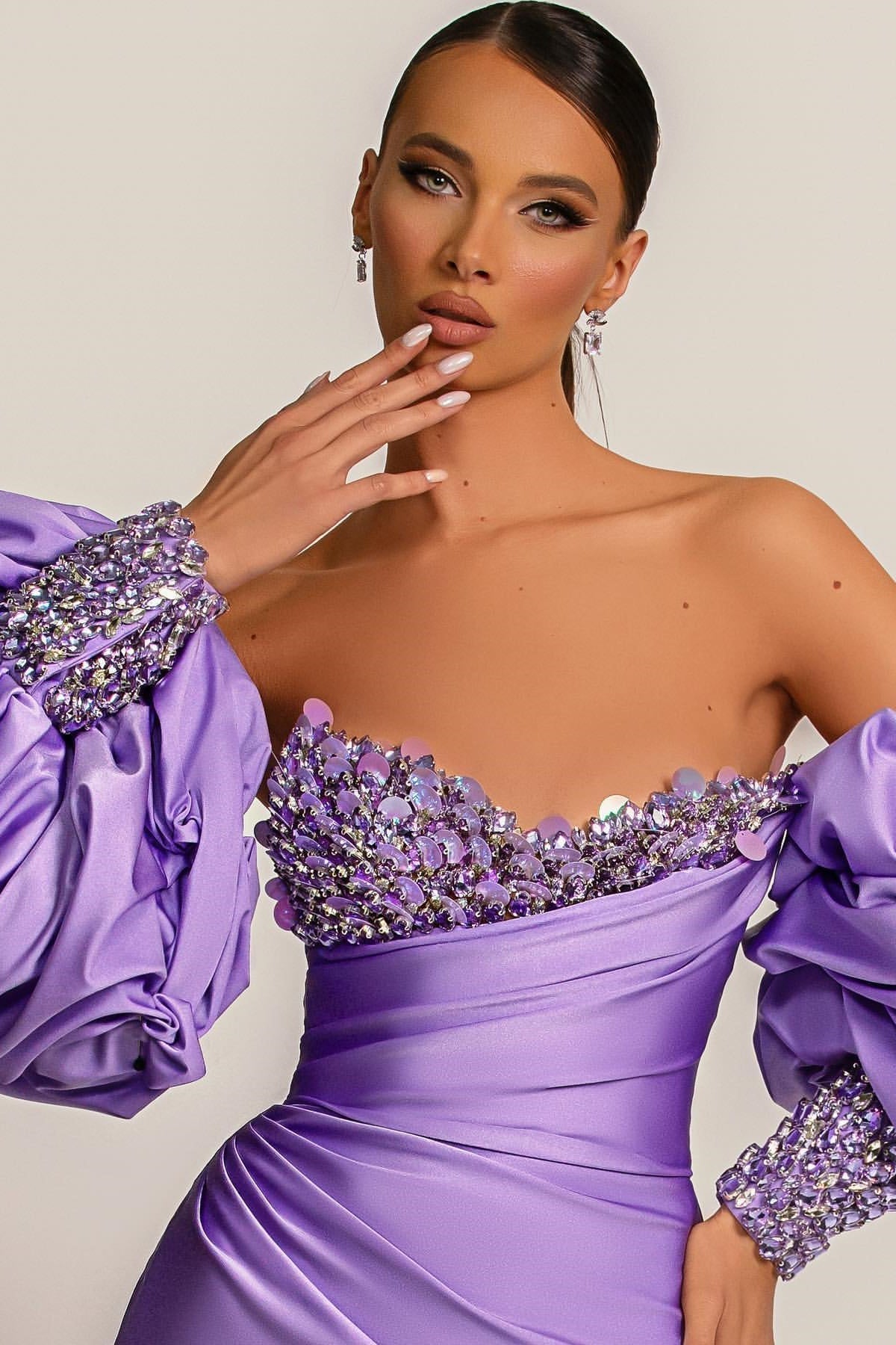 Purple Mermaid Prom Dress Puff Long Sleeve Sweetheart Beaded Evening Dress