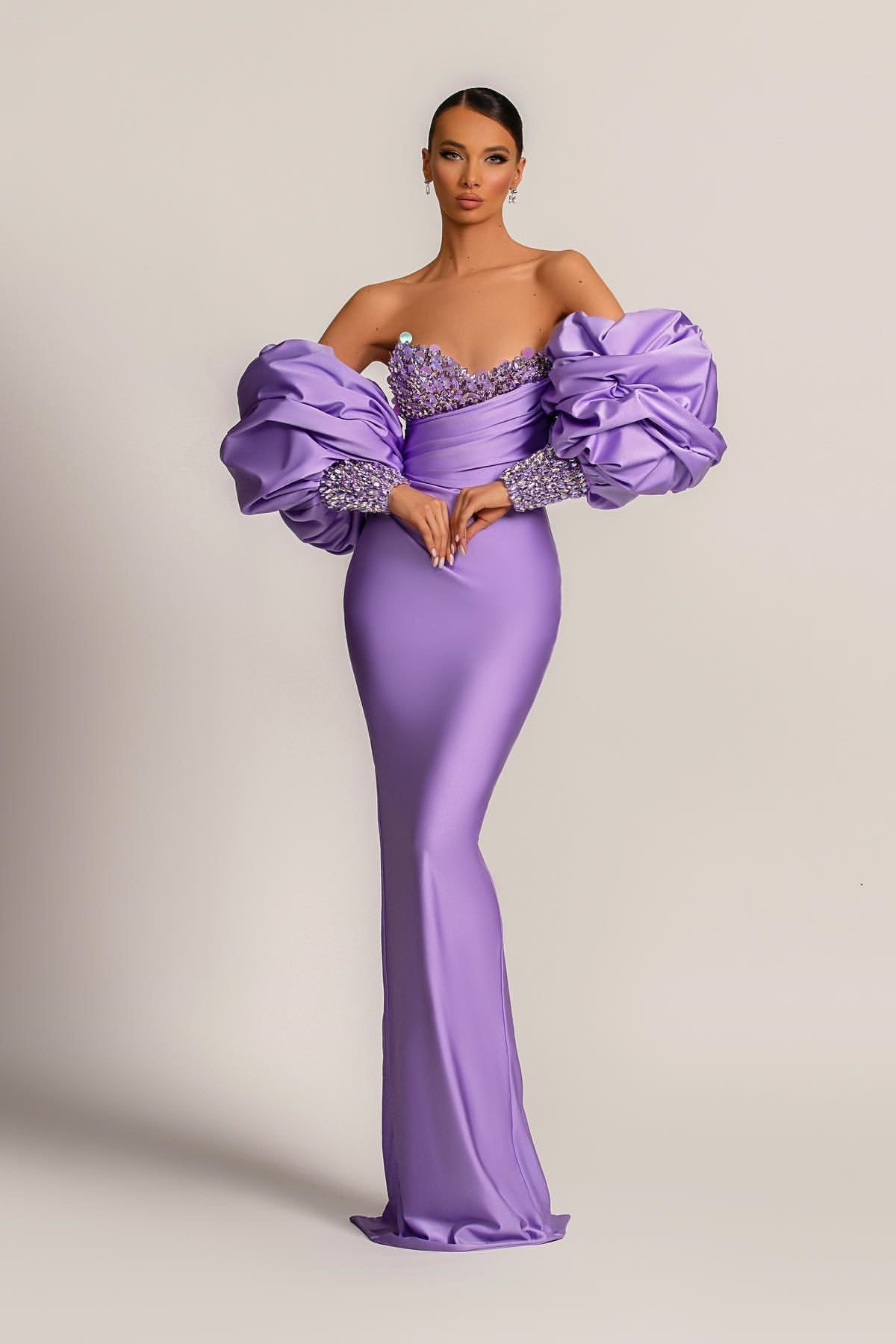 Purple Mermaid Prom Dress Puff Long Sleeve Sweetheart Beaded Evening Dress