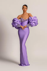 Purple Mermaid Prom Dress Puff Long Sleeve Sweetheart Beaded Evening Dress