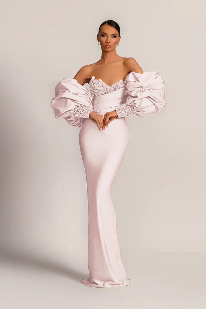 Purple Mermaid Prom Dress Puff Long Sleeve Sweetheart Beaded Evening Dress