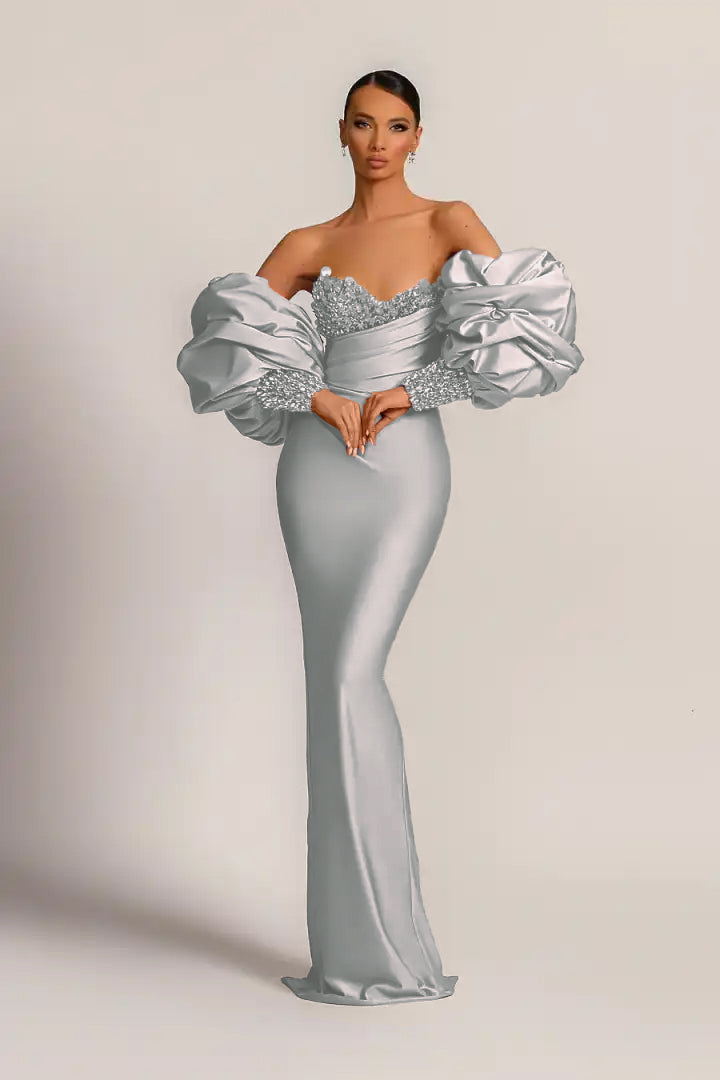 Purple Mermaid Prom Dress Puff Long Sleeve Sweetheart Beaded Evening Dress